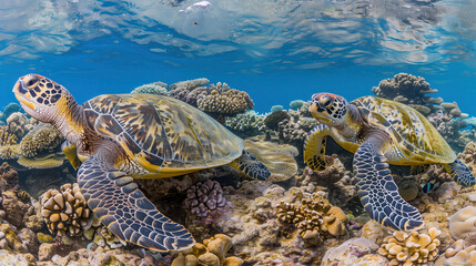 Fototapeta premium Two sea turtles gracefully swimming above vibrant coral reefs in clear blue ocean waters, showcasing marine wildlife beauty and diversity.
