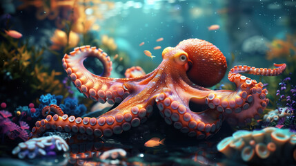 Vibrant underwater scene with a colorful octopus swimming gracefully among coral reefs, showcasing marine life beauty and diversity.