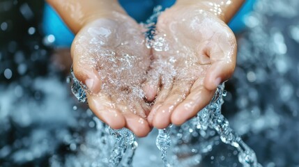 Fototapeta premium Hands capture flowing water, representing refreshment, vitality, and the enduring connection between humanity and water as a fundamental life source.