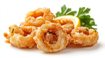 Crispy fried calamari rings with lemon and parsley on a white background