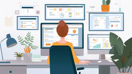 A professional navigating a comprehensive suite of remote work software, integrating communication, project management, and time-tracking tools.