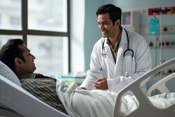 Doctor consults patient in hospital room. Young female patient lies on bed, wearing white hospital gown. Doctor in white coat, stethoscope examines elderly male. Blue painted walls, natural enters