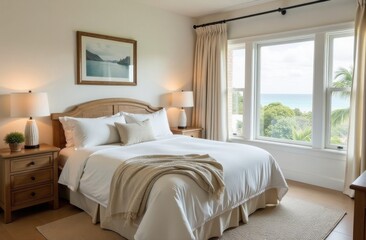 Cozy coastal style, furniture, comfortable bed, modern design background with stock footage of a
minimal bedroom interior. Generative AI tools