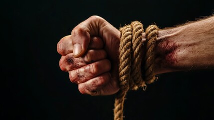 A human hand pulling tightly on a rope that is binding the wrist, with visible bruises and marks on the skin indicating discomfort or struggle.