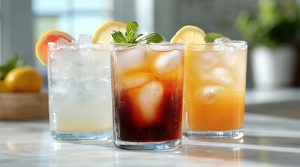 A trio of refreshing cocktails, elegantly presented with slices of lemon and fresh mint leaves, capturing the essence of cool, flavorful summer relaxation.