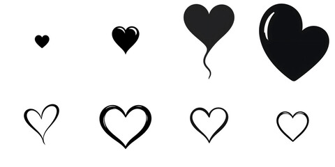 Set of simple black heart icons in various sizes and styles, isolated on transparent background, Generative AI