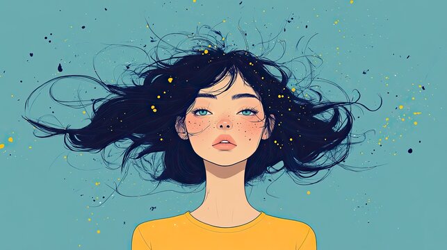 illustration depicting cognitive dissonance concept,a female character,chaotic messy lines symbolizing confusion and mental conflict on top of her head.stock image