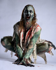 portrait of scary female model wearing spooky halloween costume, ripped clothes and fake blood like...