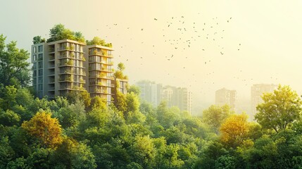 Obraz premium illustration of a green urban space,trees and plants emphasizing sustainable urban planning and eco friendly city design.illustration