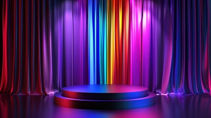 Vivid stage spotlighting a colorful curtain backdrop. Perfect for events, theater, or performance contexts with a vibrant atmosphere.