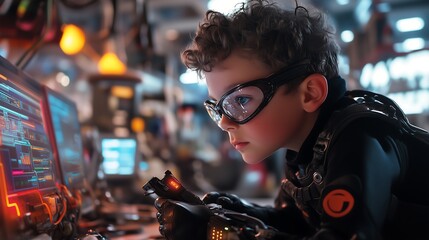 A young boy dressed as a spy, complete with a sleek black outfit and a small gadget in hand, is stealthily conducting a data theft mission in a high-tech laboratory.