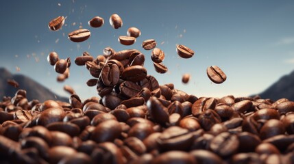 Roasted coffee beans falling on heap against brown background. Neural network ai generated art