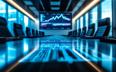 A modern conference room with a digital display showing data trends, designed for business meetings and presentations.