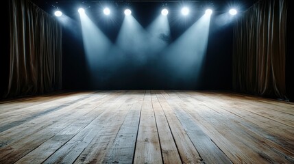 Several bright stage lights illuminate an empty theater space, creating shadows and setting the mood for an upcoming theatrical or musical performance.