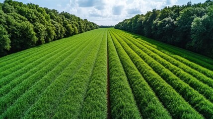 Naklejka premium An expansive view of green fields extending to the horizon, bordered by thick forests, reflecting the boundless potential of agricultural landscapes.