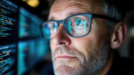 A contemplative man wearing glasses is reviewing code on dual computer screens, representing the intellectual pursuit of solutions in a technological environment.