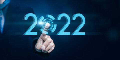 2022 new year digital technology business man growth economy business innovation development future planning technology connection, graphic text banner illustration technology blue background