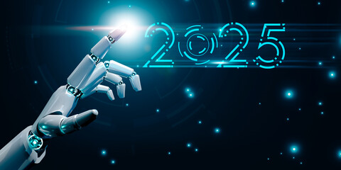 AI robotic hand holding 2025 new year, artificial intelligence digital cyberspace technology world internet connection, innovation development futuristic tech, 3D render illustration blue background