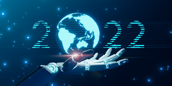 AI robotic hand holding 2022 new year digital, artificial intelligence digital cyberspace technology world internet connection, innovation development futuristic tech, 3D illustration blue background