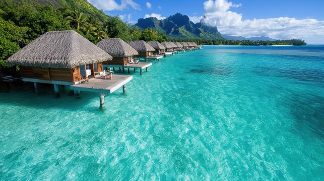 Thatched-roof resort bungalows peacefully sit on stilts, surrounded by crystal-clear waters and lush greenery, showcasing a perfect tropical paradise environment.