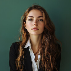 A portrait of a young  Professional woman with a natural look  simple color background.