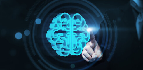 Businessman analyzing data for business growth increasing sales, marketing, development, networking, with ideas innovation planning strategy, futuristic brain hologram blue background