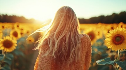 A woman stands in a vibrant sunflower field, her long hair gently waving in the breeze as the sun shines brightly behind her, creating a warm, serene atmosphere.