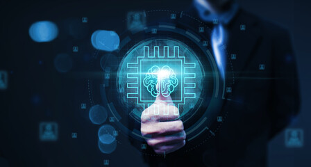 Businessman analyzing data for business growth increasing sales, marketing, development, employee management, with ideas innovation planning strategy, futuristic brain hologram blue background