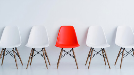 Highlighted red chair in the middle of a row of white chairs on white background Illustration of the concept of right candidate in job interviews