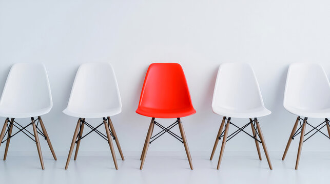 Highlighted red chair in the middle of a row of white chairs on white background Illustration of the concept of right candidate in job interviews