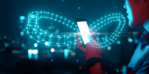 Businessman using mobile phone technology with infinity symbol connecting unlimited internet data usage speed, infinite data user storage cloud computing cyberspace network, city blue background