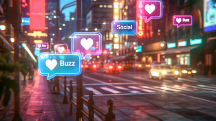 Vibrant city street at night with glowing social media icons floating above, symbolizing digital connectivity and online engagement.