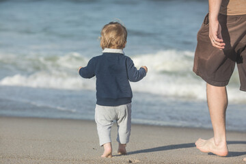 Father and Sons walking on the beach towards the ocean. Positive human emotions feelings emotions.