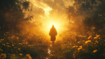 jesus christ as holy saviour beautiful light ray as power and sanctity symbol bible scene,religious soul appearance in saint land view from behind for mystical mood.illustration