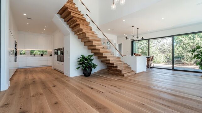 This spacious home interior features a sleek wooden staircase, open living area, and large glass doors, emphasizing modern design and natural light.