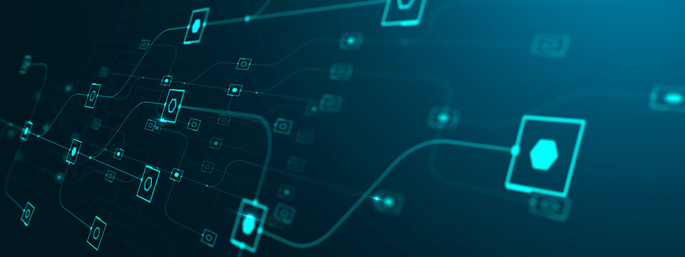 Business technology Digital cyberspace concept, planning strategy innovation, flow chart line art abstract illustration blue banner background.