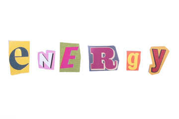 The word Energy, spelled out in colourful newspaper style cut out typography isolated on white background.