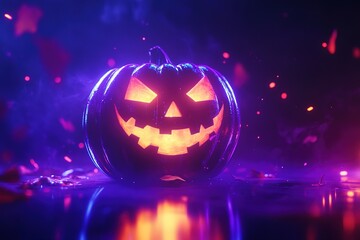 Naklejka premium Halloween evil pumpkin cartoon illustration, evil pumpkin face with neon light 