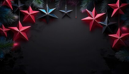 Red and black Christmas background concept Red and black Christmas stars hanging from a pine tree on a snow falling backdrop.