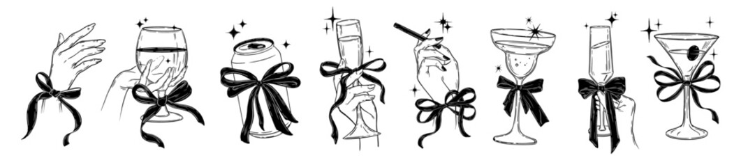 Alcohol cocktail icon set vector female hand, coquettish ribbon bow, wine glass celebration beverage. Girly elegant martini champagne doodle, feminine aesthetic party menu. Cheer cocktail event icon © Oleksandra