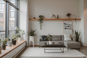 A stylish living room featuring a gray sofa, potted plants, and natural light. Minimalist design on a light background