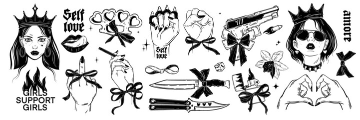 Woman power illustration set, vector feminism sticker, hand drawn coquettish ribbon bow, female hand. Queen sign girly knife, freedom brave sticker collection dark tattoo. Woman power line emblem kit
