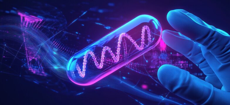 Neon DNA capsule in digital realm of innovation