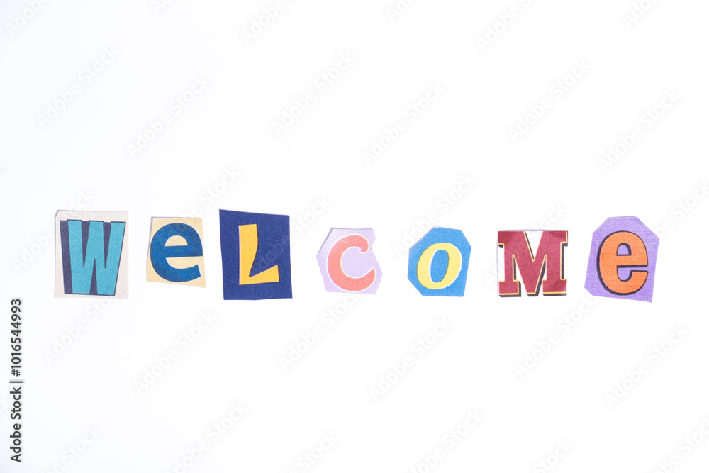 Fototapete welcome symbol. concept words welcome isolated on clean white background in fun cut out newspaper st