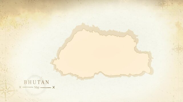 Map of Bhutan in the old style, brown graphics in retro fantasy style, perfect for intro or video presentation. High quality 4K video.
