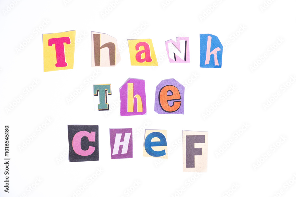 Fototapete fun cut out newspaper style typescript with words thank the chef. isolated on clean white background