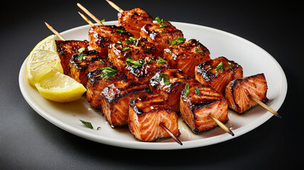 Grilled salmon skewers with citrus glaze are beautifully arranged on white plate, garnished with fresh herbs and served with lemon wedges. This dish is perfect for flavorful meal