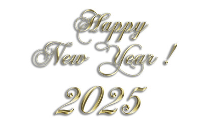 Happy New Year 2025 gold lettering with shadow isolated on transparent background png.  
