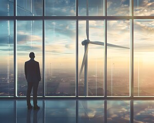 Fototapeta premium Businessman Overlooking Wind Farm from High Rise Office Contemplating Renewable Energy Investments