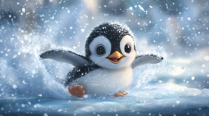 A baby penguin sliding on ice, with a joyful expression and snowflakes falling around.


